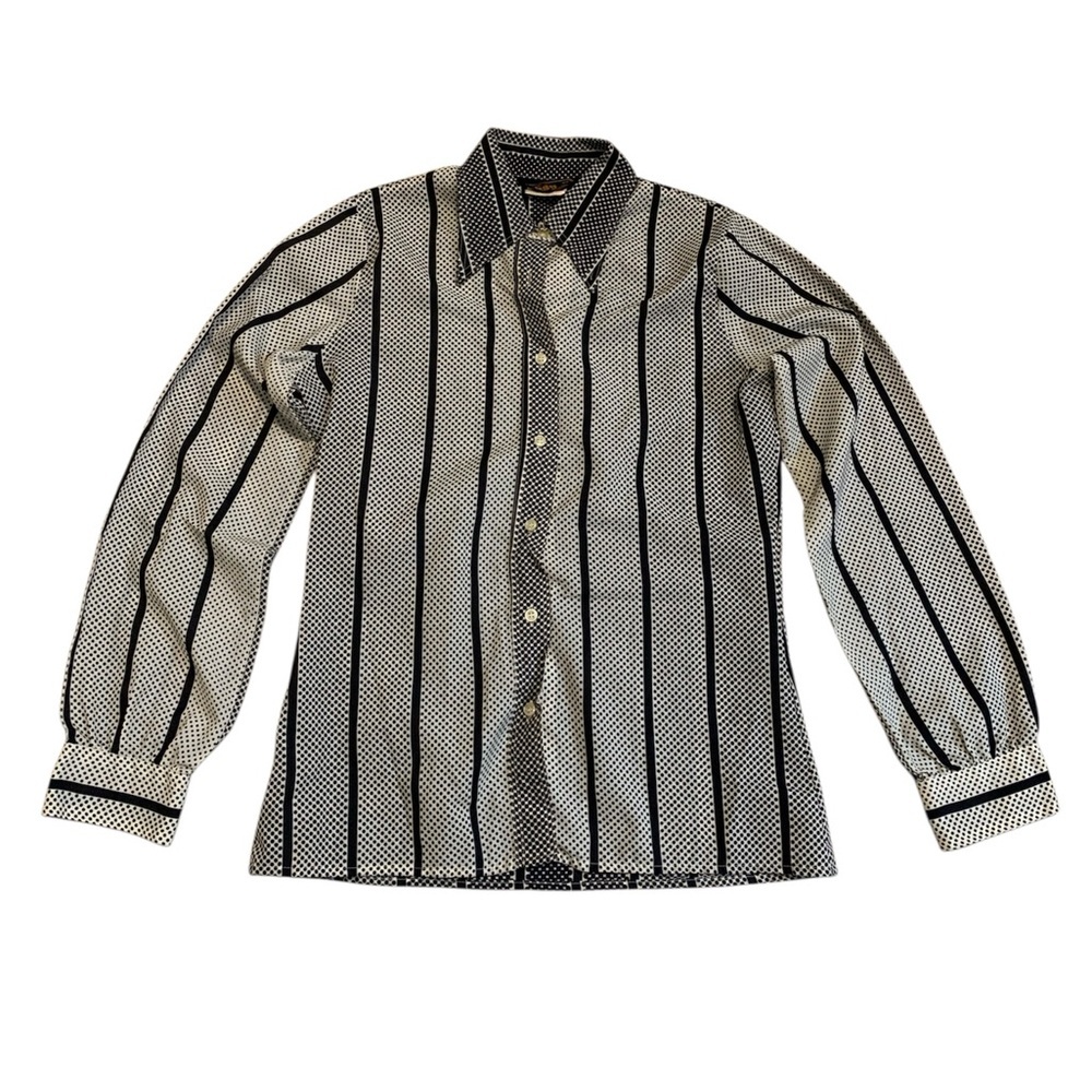 Vintage 70s Chagall International Black & White Polka Dot Stripe Blouse Large